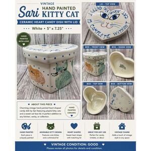 Sari Vintage Hand Painted Ceramic Heart Cat Candy Dish Lid No Outfit Is Complete